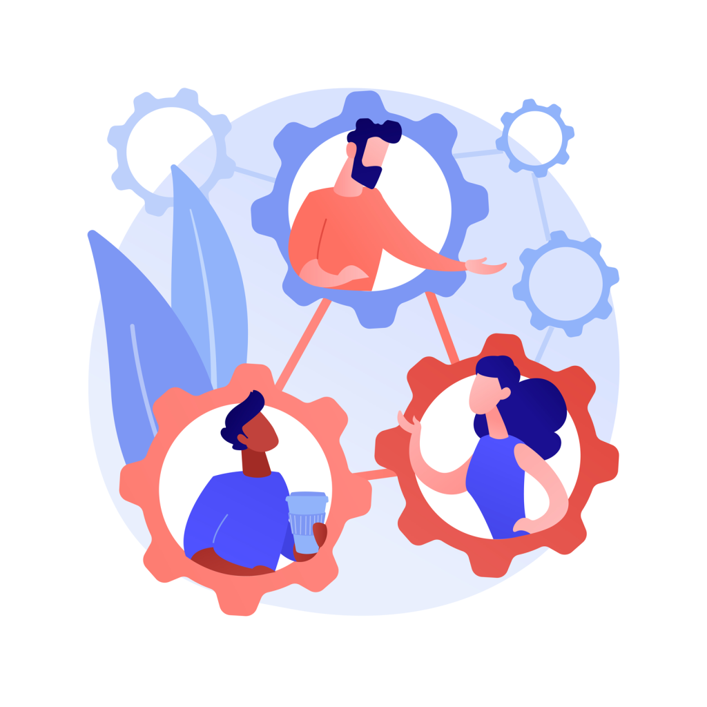 Team collaboration concept illustration with connected gears representing workflow and management