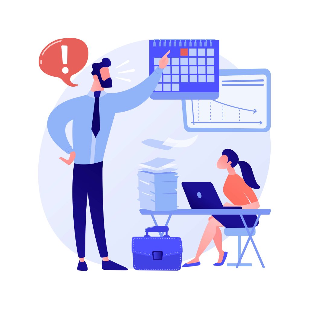 Business deadline concept illustration with manager pointing at calendar and employee working on laptop