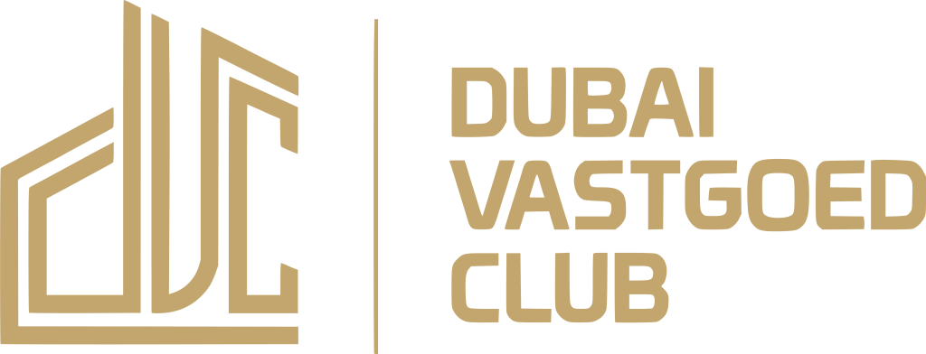 Dubai Vastgoed Club gold logo design with modern geometric emblem
