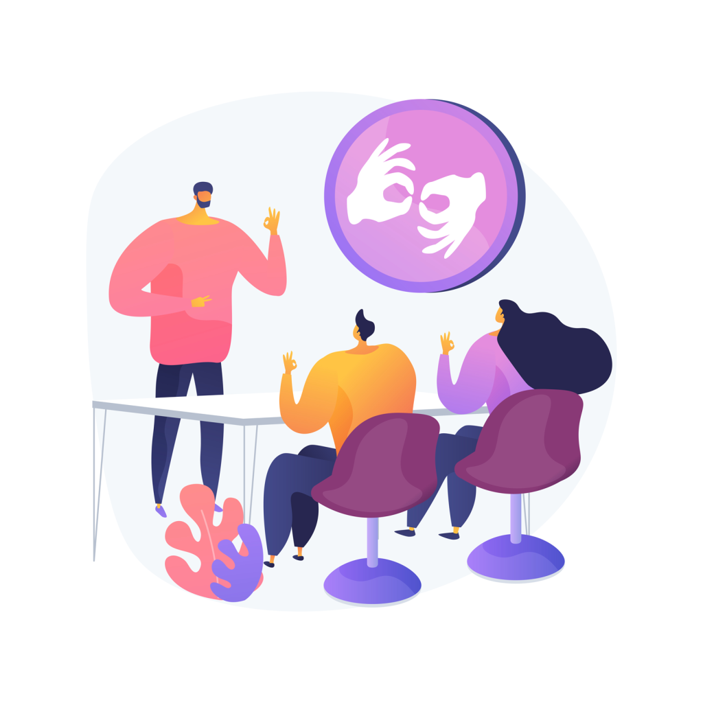 Sign language training session with instructor teaching hand gestures to students